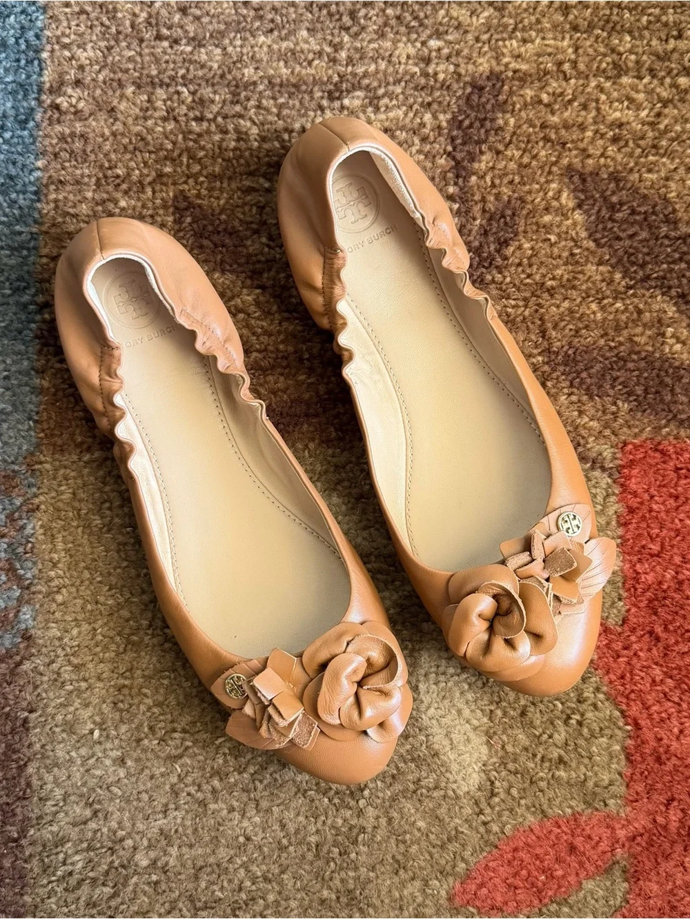 Tory Burch Royal Tan Classic Sheep Blossom Ballet Flats